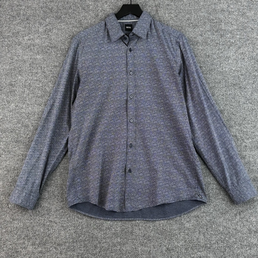 Boss Hugo Boss Button Down Shirt Mens M Navy Geometric Regular Fit Long Sleeve